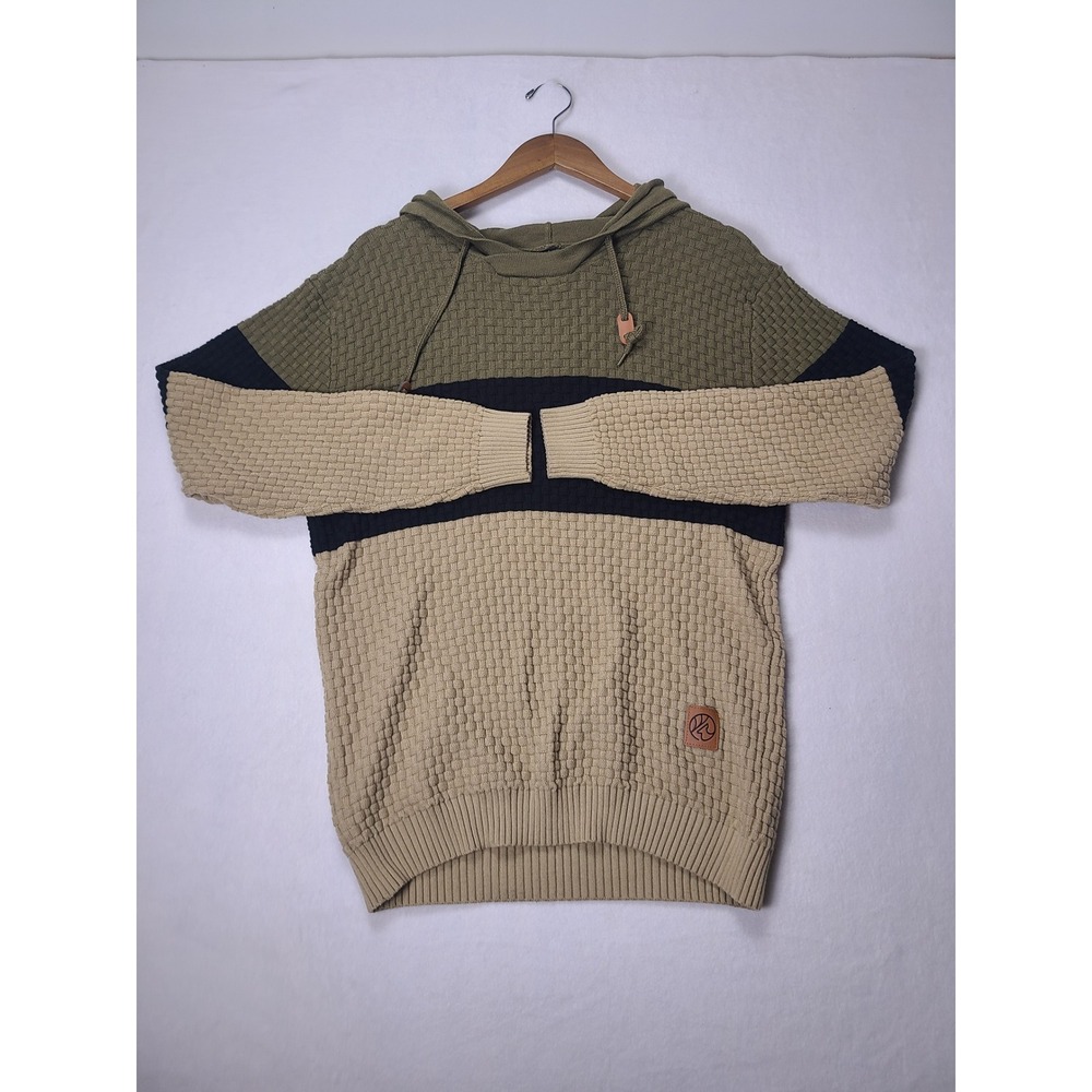 Men L Knit Hoodie Gorpcore Colorblock Tan Green Navy Basketweave Hiking Indie